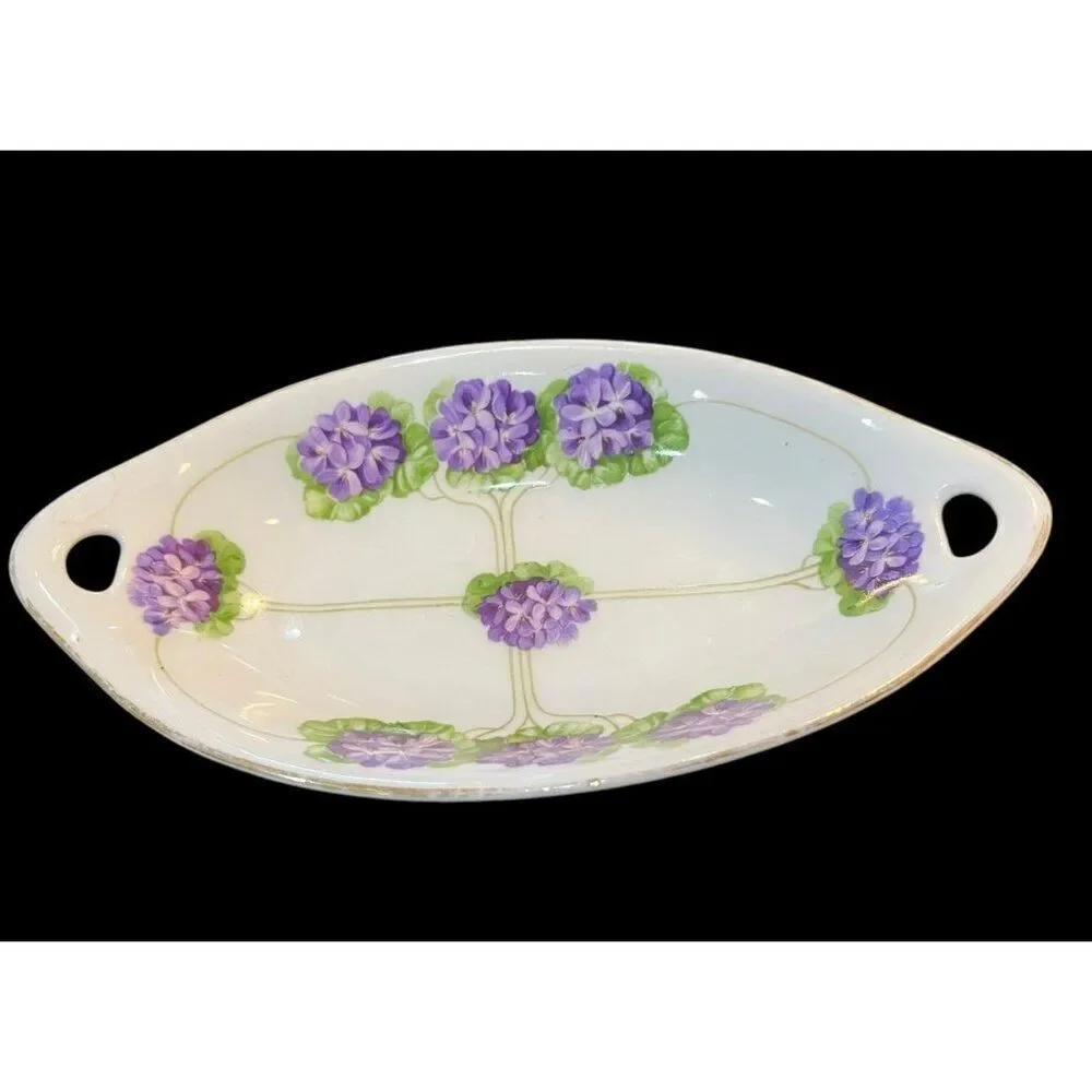 Empire Bavaria German Porcelain Long Double Handle Dish Purple Lilacs Hand Paint
